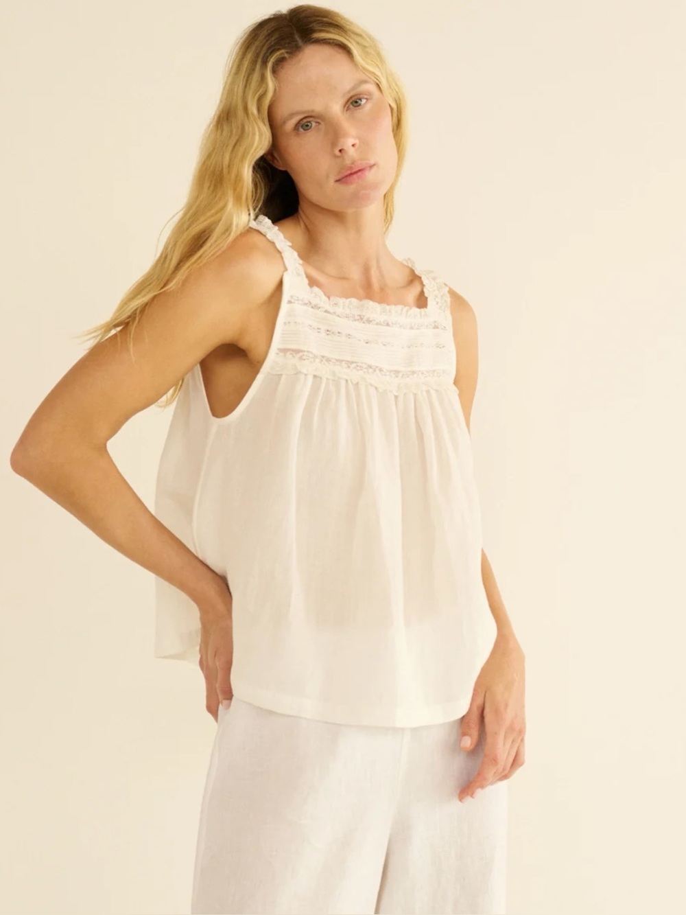Doen Benita Top Salt White Lace Trim Sleeveless Blouse Size M